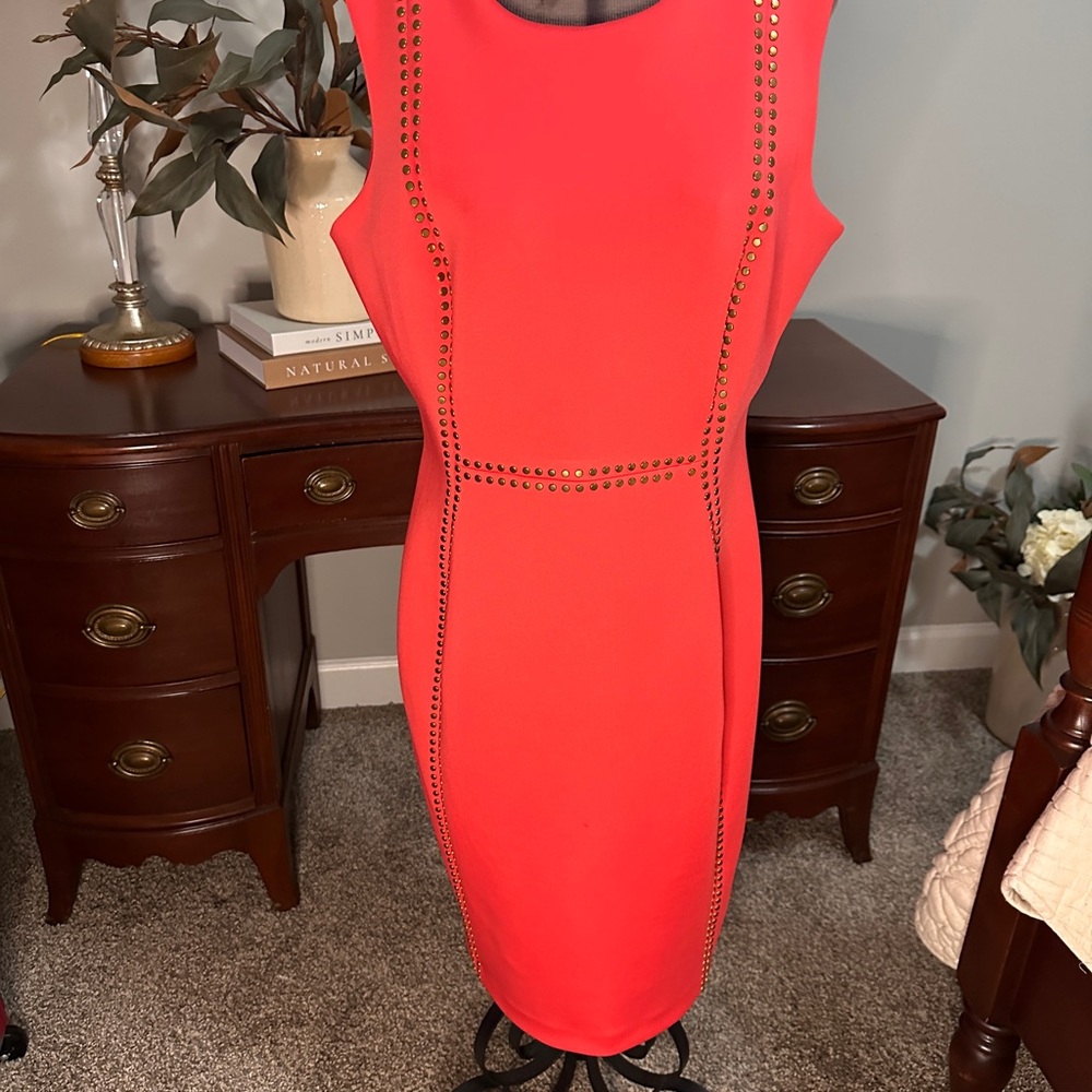 Calvin Klein Vibrant Red/Pink tone Studded Midi Dress